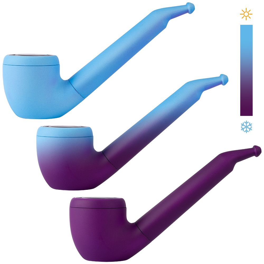 A crisp side profile studio presentation showing three Pulsar 510 DL Pipe units in the Thermo Crystal Ball colorway lined up to highlight the side-angle thermochromic effect. The display captures the full temperature spectrum on the sleek pipe silhouette: the first device sits in its cold, deep purple profile, the middle device shows a mottled purple-to-blue gradient shift, and the third device is fully heat-activated into a bright, solid light sky blue.
