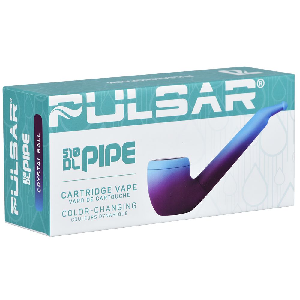 A straight front-facing studio product shot of the official Pulsar 510 DL Pipe (Thermo Crystal Ball Edition) retail packaging. The custom cardboard box features the iconic pipe graphic alongside sharp Pulsar DL branding, clear callouts for the 650mAh capacity, and the specific purple-to-blue thermochromic colorway label.