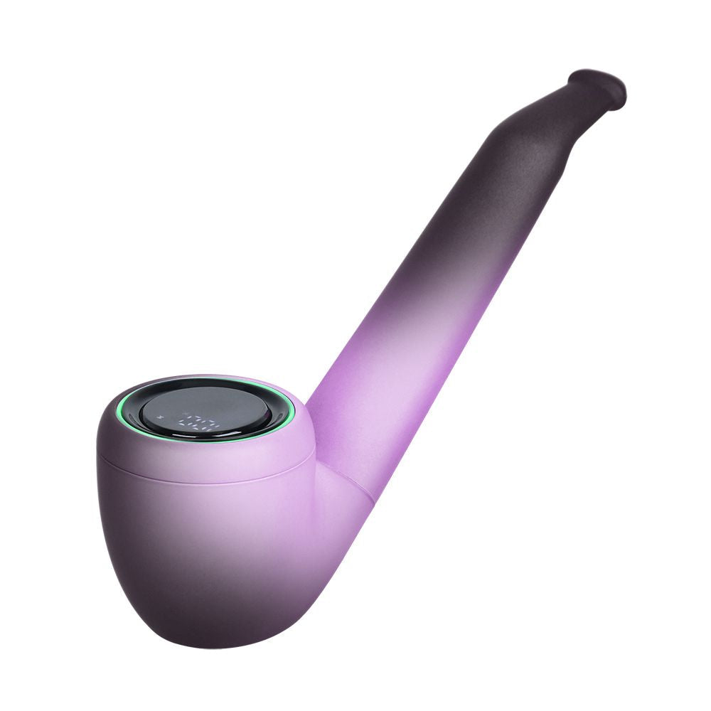 A clean side profile shot of the Pulsar 510 DL Pipe in Thermo Phantasmal Force (Plum Wild) mid-transition. The heat-reactive body shows a dramatic contrast where the warmth of a hand has turned the main section of the pipe bowl a beautiful light pink, while the untouched outer edges maintain their rich, cold black shade.