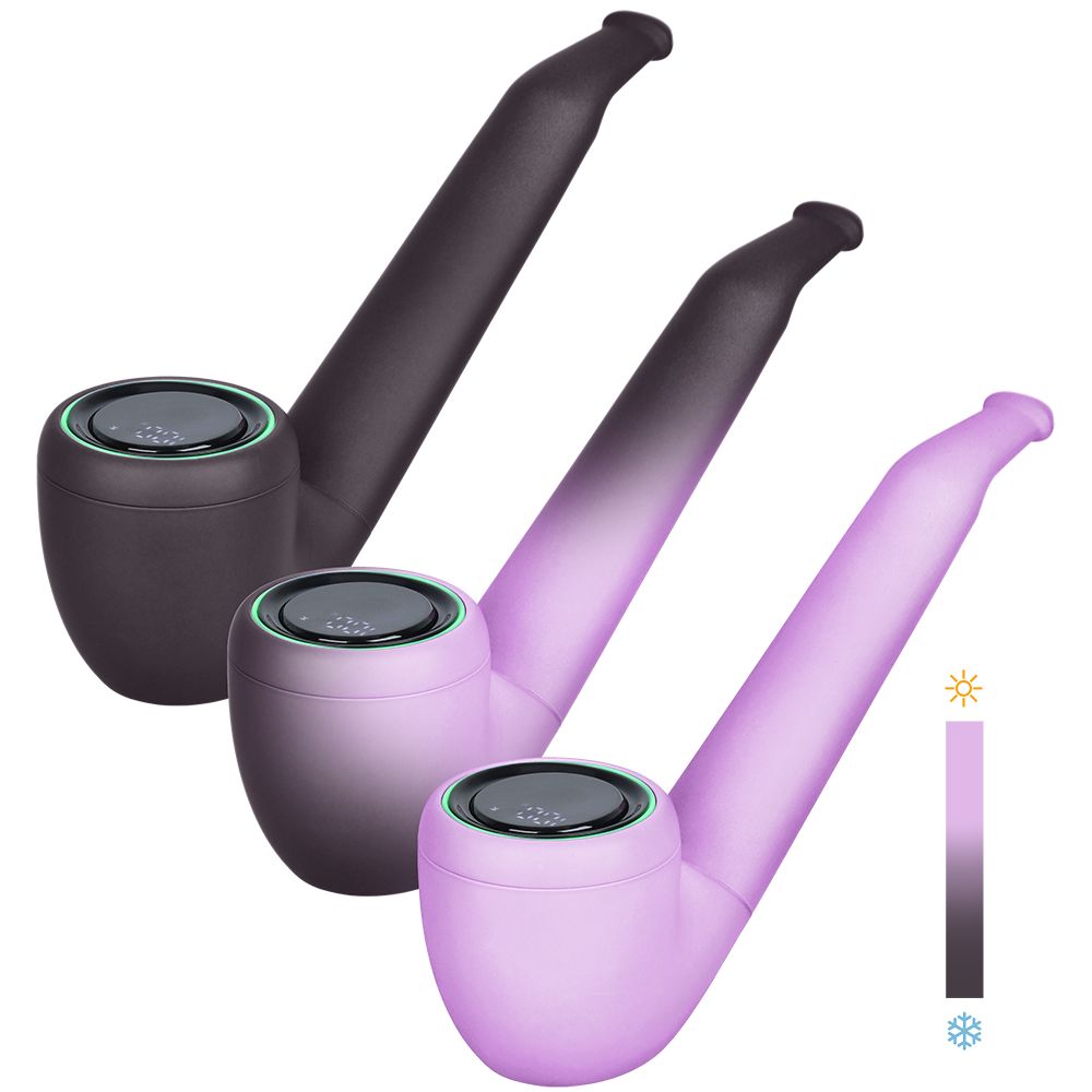 A studio product shot capturing the Pulsar 510 DL Pipe in Thermo Phantasmal Force (Plum Wild) across three stages of heat activation. The multi-device display demonstrates the shifting thermochromic gradient, starting from its sleek, cold base of deep black, moving into a mixed midway stage, and finishing as a soft, warm light pink across the bowl chassis.