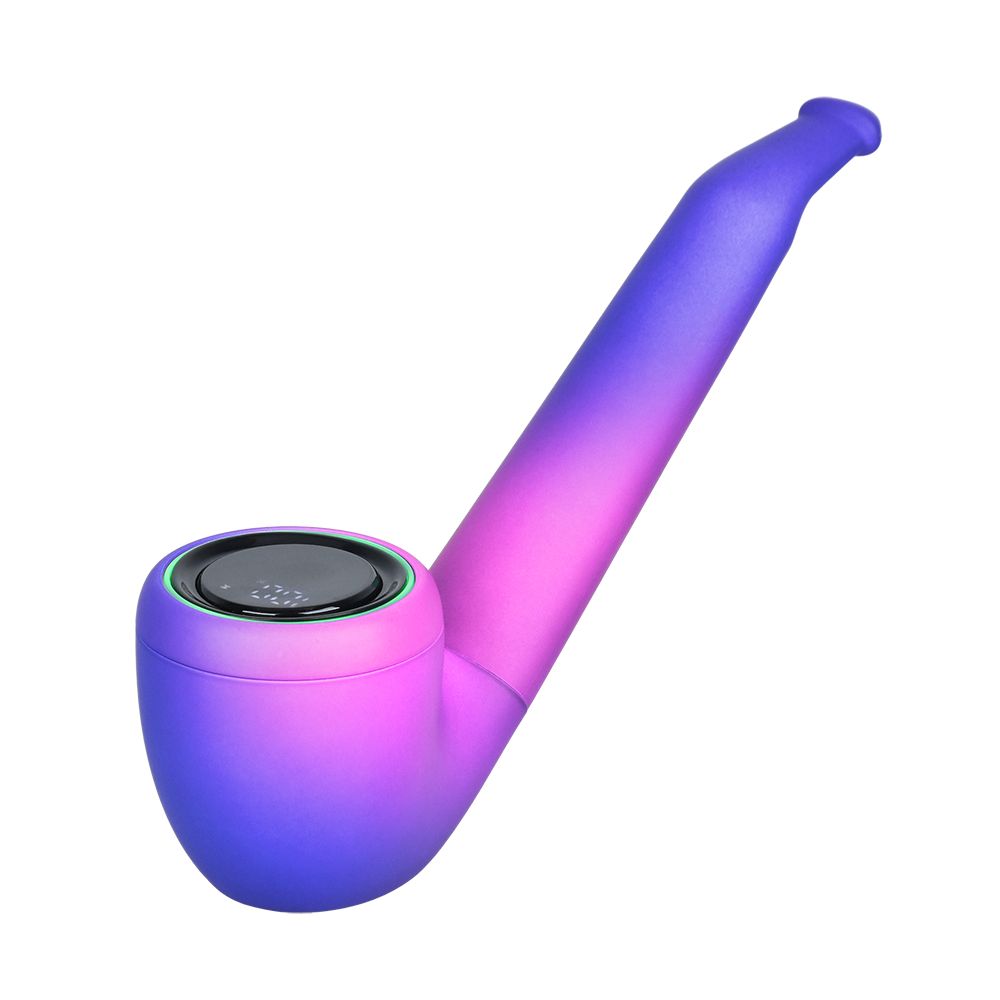 A clean front-angle studio profile shot of the Pulsar 510 DL Pipe in the Thermo Royal Wizard colorway. The device showcases its smooth, classic pipe shape with a deep royal blue finish, and the circular digital display screen cleanly visible on the top face of the pipe bowl framework.