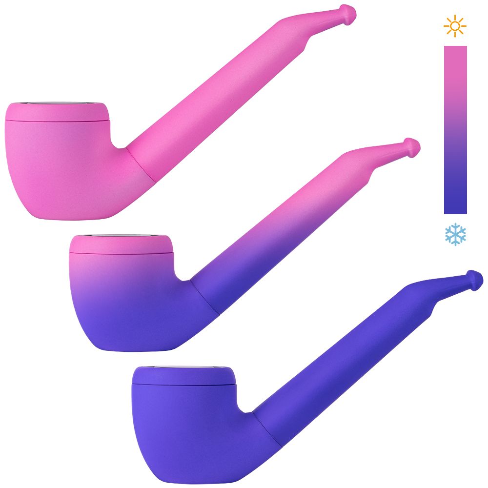 A clean side profile shot of the Pulsar 510 DL Pipe in Thermo Royal Wizard. This perspective highlights the complete silhouette of the device, showcasing the striking thermochromic color transition from a deep royal blue-purple to a vivid pink across the side paneling of the bowl. 