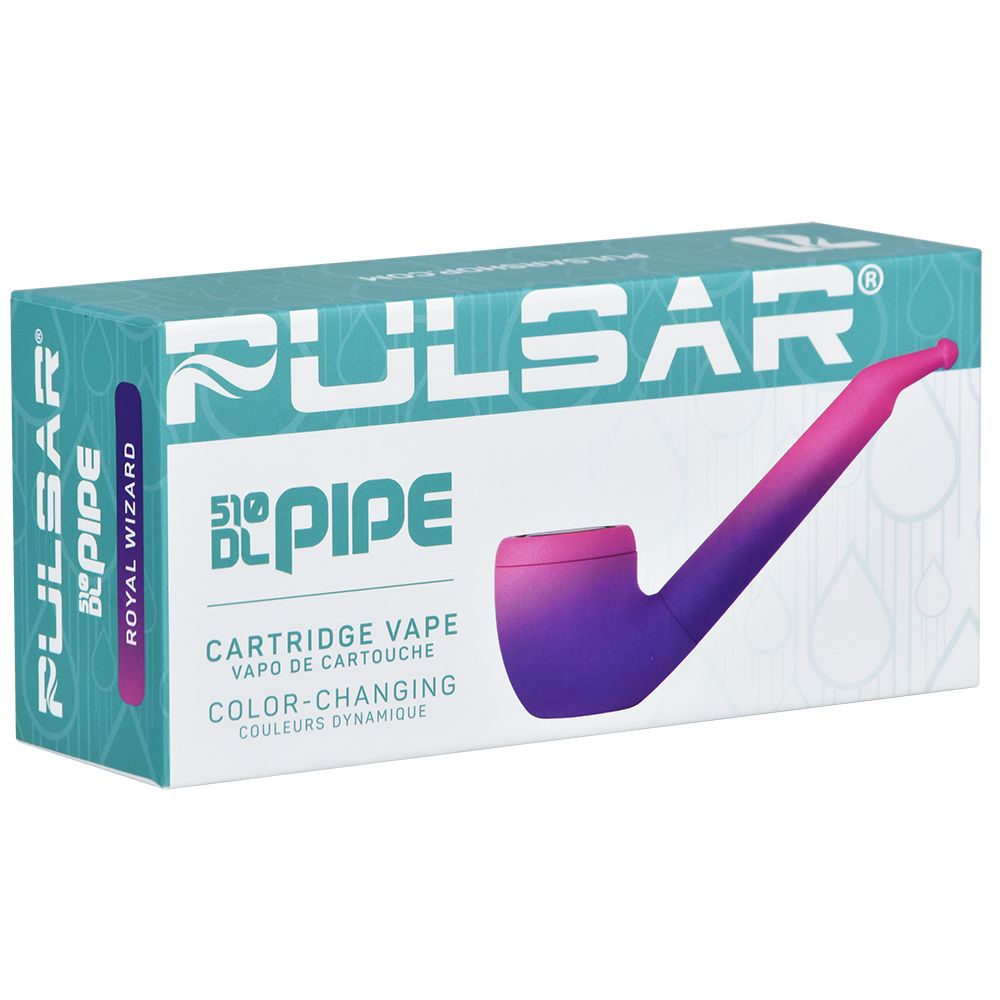 A straight front-facing studio product shot of the official Pulsar 510 DL Pipe (Thermo Royal Wizard Edition) retail packaging. The vibrant box showcases the classic pipe silhouette graphic, featuring bold color-changing indicators and official Pulsar DL branding that highlights its discrete auto-draw technology.