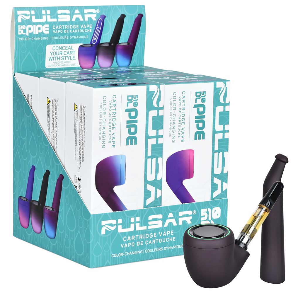 A commercial studio shot featuring the Pulsar 510 DL Pipe 6-piece countertop retail display box. A fully assembled, cold black Thermo Phantasmal Force device sits prominently in front of the branded pop-up display showcase, shown with its mouthpiece off to spotlight the internal 510 cartridge loading design for retail customers.