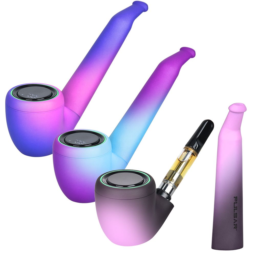 A crisp studio product lineup displaying the Pulsar 510 DL Pipe color variants sitting side-by-side. The lineup features the heat-reactive thermochromic options: Thermo Phantasmal Force (Plum Wild), Thermo Crystal Ball, and Thermo Royal Wizard. The Thermo Phantasmal Force model is shown with its stem mouthpiece detached, fully revealing a 510-threaded oil cartridge installed in the concealed port chamber.