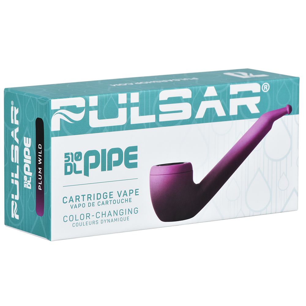 A straight front-facing studio shot of the official Pulsar 510 DL Pipe (Thermo Phantasmal Force Edition) retail packaging. The custom cardboard box features prominent Pulsar DL line branding, tech callouts for the 650mAh core, and a dedicated colorway label for the black-to-pink thermochromic pipe variant.