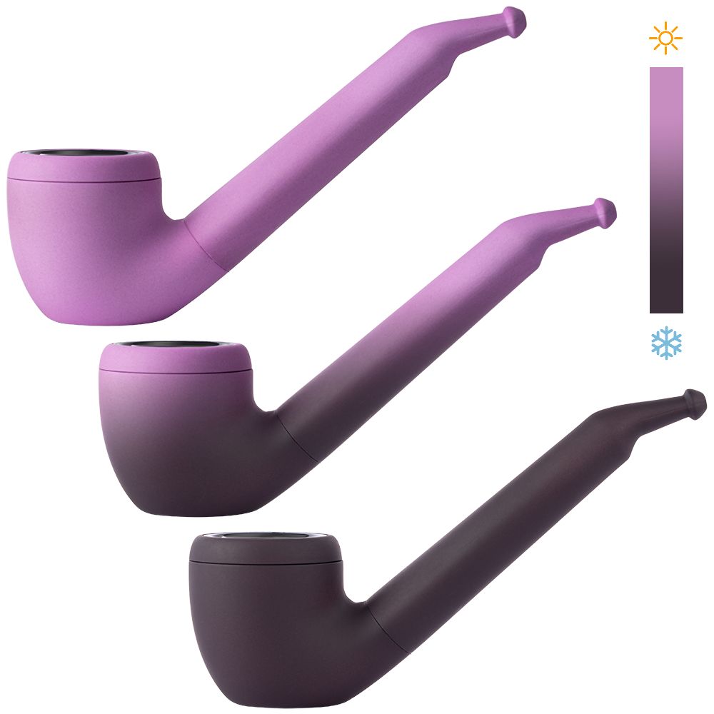A studio product presentation showing three Pulsar 510 DL Pipe devices in Thermo Phantasmal Force (Plum Wild) side-by-side. The image explicitly highlights the heat-reactive thermochromic range, showcasing one device in its cold solid black state, a second device mid-transition with an oily pink-and-black gradient, and a third device fully warmed to a soft, solid light pink color.