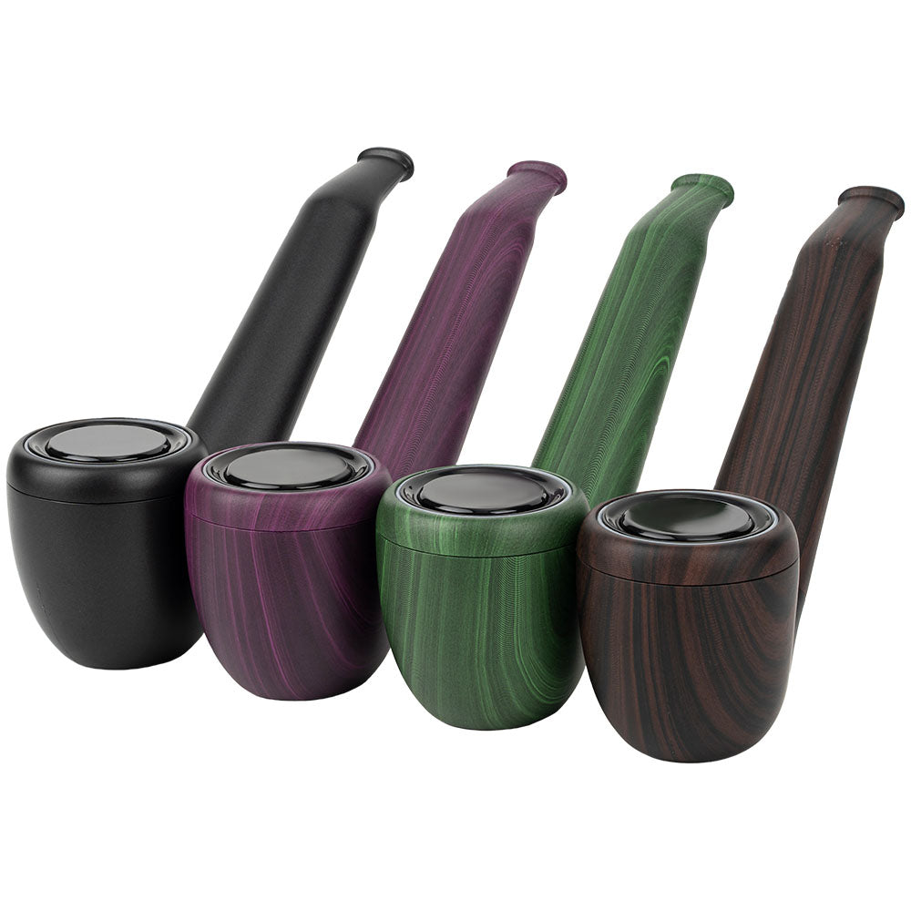 A lineup of four Pulsar 510 DL Pipe discreet batteries in matte black, wood grain, green, and purple finishes. Available at Bong Bros.
