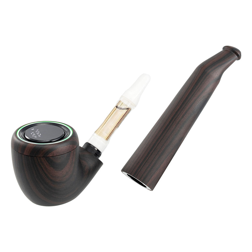 Exploded view of the Pulsar 510 DL Pipe showing a clear 510 oil cartridge attaching to the battery base, alongside the detachable wood-grain stem casing.