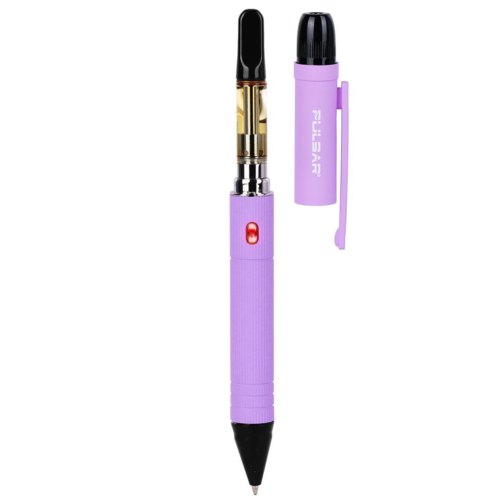 A second view of the Lavender Purple Scribe uncapped with an installed cartridge, emphasizing the device's slim 500mAh build and metallic finish.