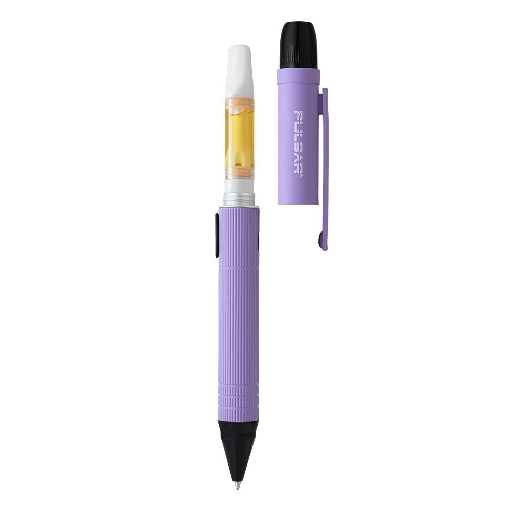 The Pulsar 510 DL Scribe in Lavender Purple shown uncapped with a 510-thread cartridge installed, highlighting the internal protective chamber and the smooth transition between the pen body and the vape mouthpiece.