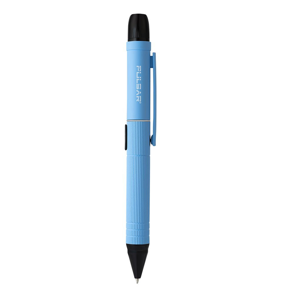 The Pulsar 510 DL Scribe in Sky Blue, showcasing the sleek, office-ready design and the integrated pocket clip. This view emphasizes its utility as a daily-carry writing tool.