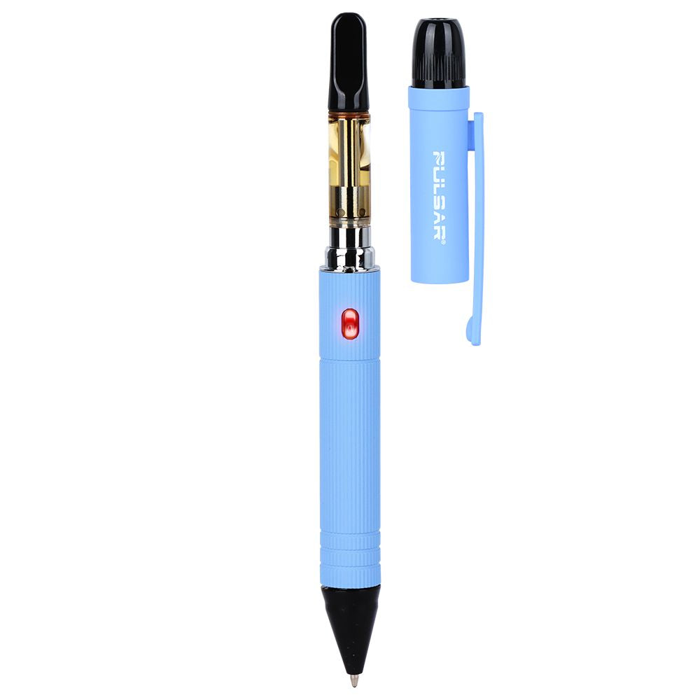 The Sky Blue Pulsar 510 DL Scribe shown with the magnetic top removed to reveal the hidden 510-thread connection, illustrating peak discretion for professional environments.