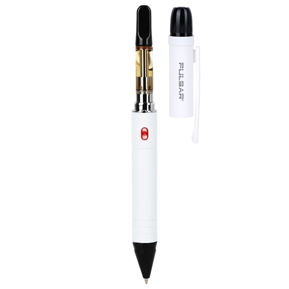 The White Pulsar 510 DL Scribe uncapped with a cartridge installed, demonstrating how the device maintains a slim, professional profile while housing a full-sized 510 tank.