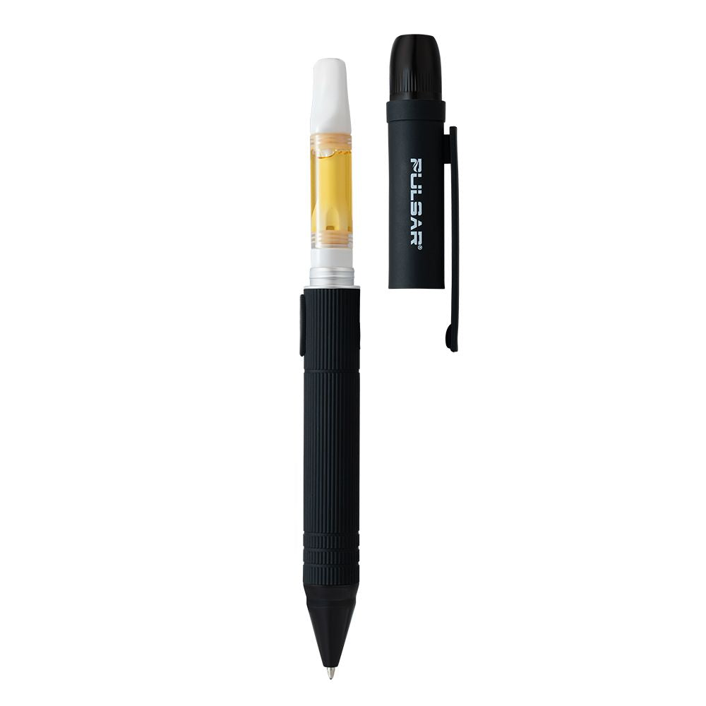 A stylized shot of the Black Pulsar 510 DL Scribe, uncapped to show the internal protective chamber and a 1g cartridge, highlighting its dual-purpose nature as a working pen and a 500mAh vape battery.