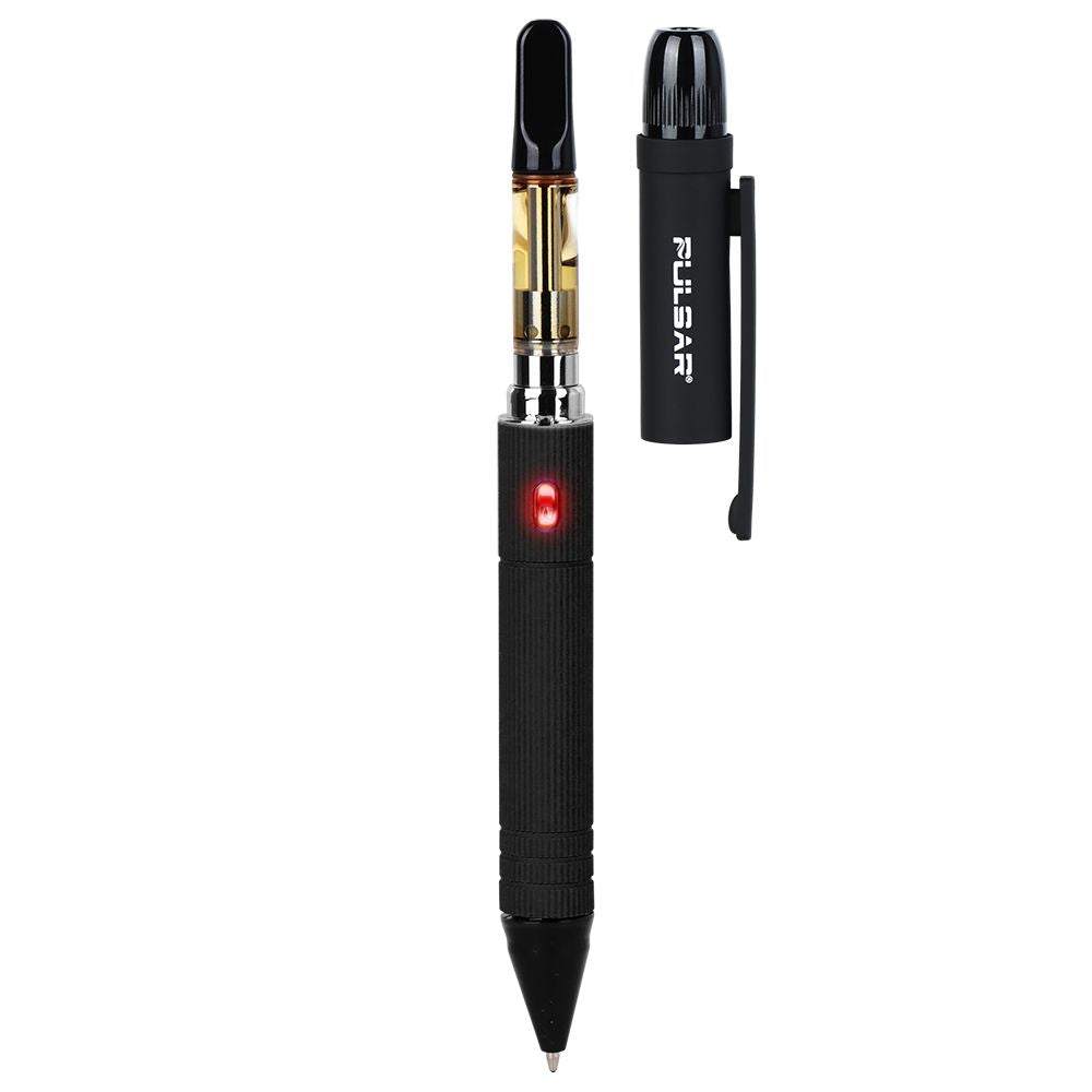 The Black Pulsar 510 DL Scribe with its magnetic cap removed, showing the concealed 510-thread cartridge and the LED indicator light activated. The functional writing tip is visible at the base of the device.