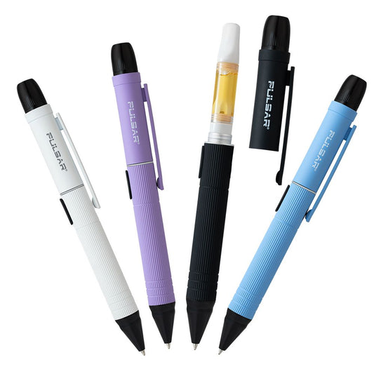 A group collection shot of the Pulsar 510 DL Scribe in White, Lavender Purple, Black, and Sky Blue. The Black model is shown with the cap removed to reveal a hidden 510-thread cartridge, while all models feature a functional ballpoint pen tip for real writing.