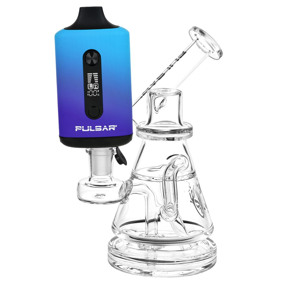 Pulsar 510 DL Tandem shown with the included 14mm male water pipe adapter, demonstrating how the dual cart battery connects to glass rigs and bongs.