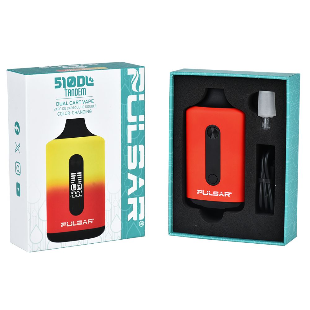 Pulsar 510 DL Tandem Thermal Dual Cart Vaporizer in retail box with top off showing included vape and accessories 