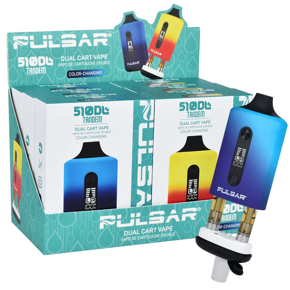 Retail 6-count assorted display of Pulsar 510 DL Tandem Dual Cart Vaporizers, highlighting the various thermal color options in the Thermo Series.