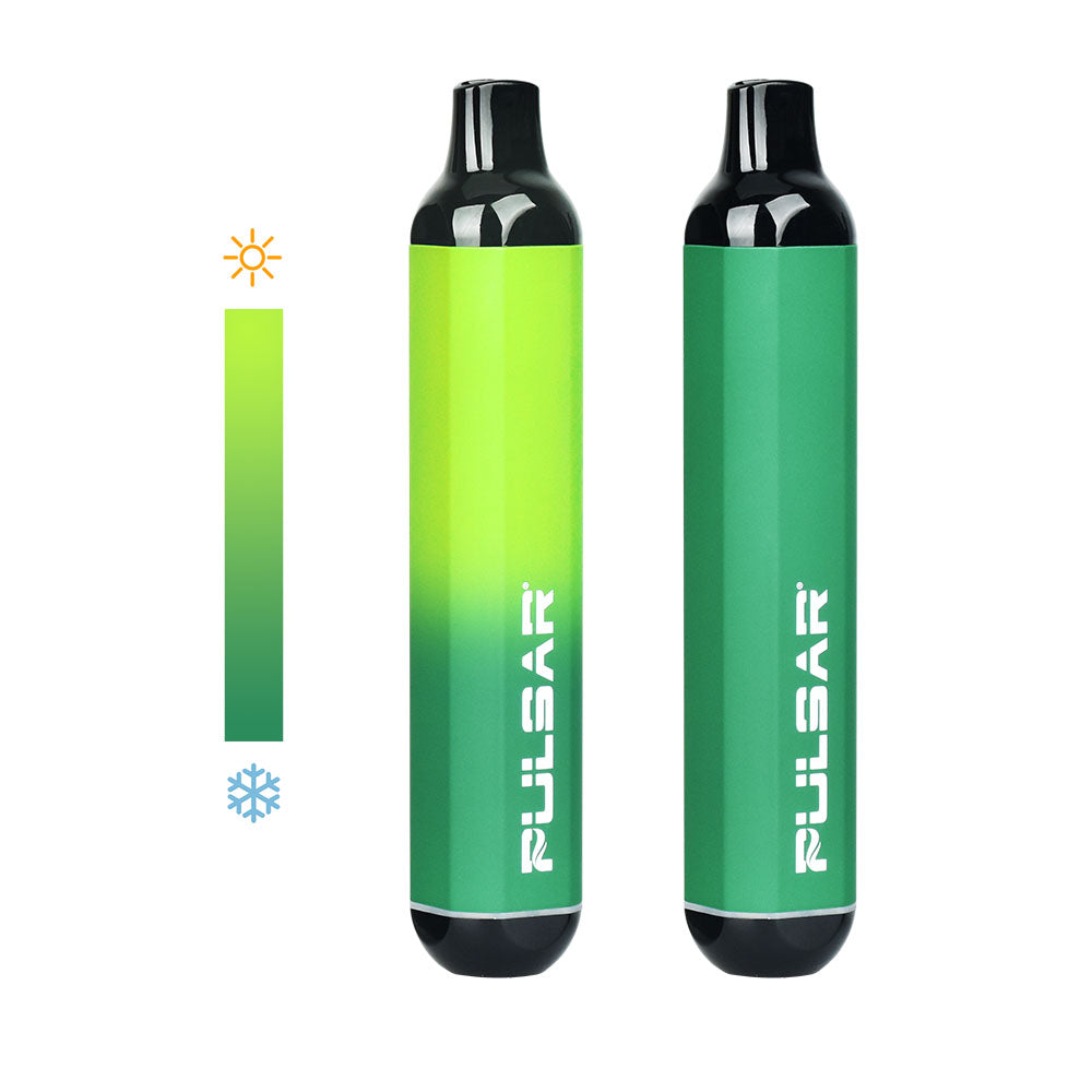 A crisp side-by-side studio shot highlighting two Pulsar 510 DL Thermo devices in the Dark Green Lime Green colorway. The bar on the right is fully cold, showing off a deep, stealthy dark hunter green. The bar on the left demonstrates a half-thermal shift, with the top half transitioning into a vivid, bright lime green tone.