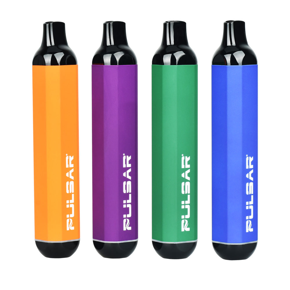 A clean, front-facing studio product shot displaying all four colorways of the Pulsar 510 DL Thermo vape pen in their fully cold states. The bar-style devices stand vertically side-by-side, showcasing their solid, matte base finishes from left to right: Dark Green, Midnight Blue, deep Purple, and vibrant Orange.
