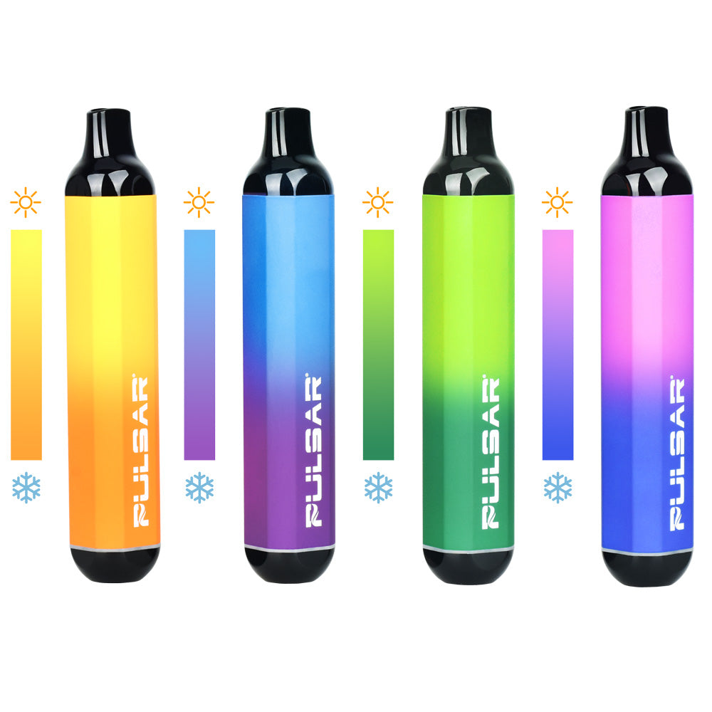 A crisp side-by-side studio visual demonstrating the heat-reactive color transition of the Pulsar 510 DL Thermo series. The upper portions of the four vape pens are shown shifting dynamically due to warmth, revealing their high-contrast secondary colors: Orange transitioning to bright Yellow, Purple turning to Electric Blue, Dark Green changing to Lime Green, and Blue melting into a vivid Hot Pink.