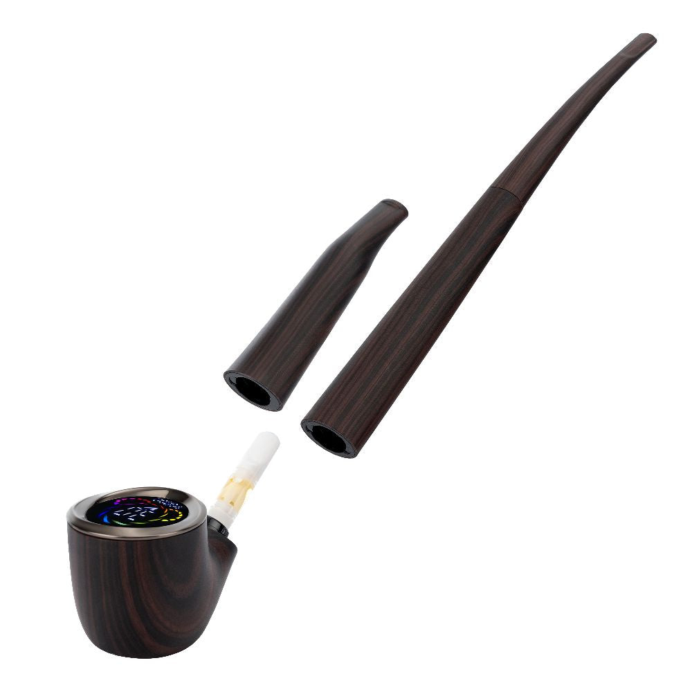 Pulsar 510 DL Wizard Pipe in Ensorcelled Ebony with both the long and short stems detached, revealing the internal universal 510-thread connection and a cartridge installed within the pipe bowl.