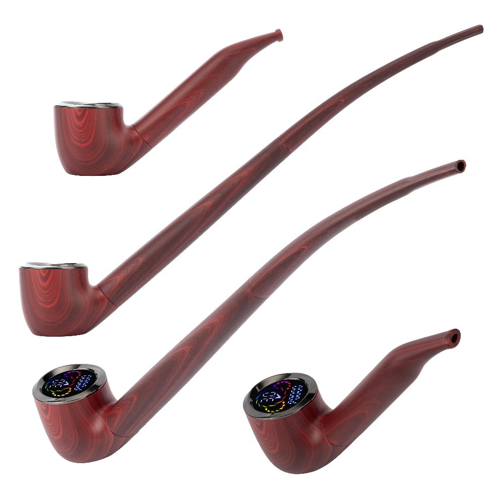 Pulsar 510 DL Wizard Pipe in Mystic Mahogany, showcasing four units that highlight both the classic short stem and the elongated "Gandalf-style" stem options in a rich wood-grain finish.