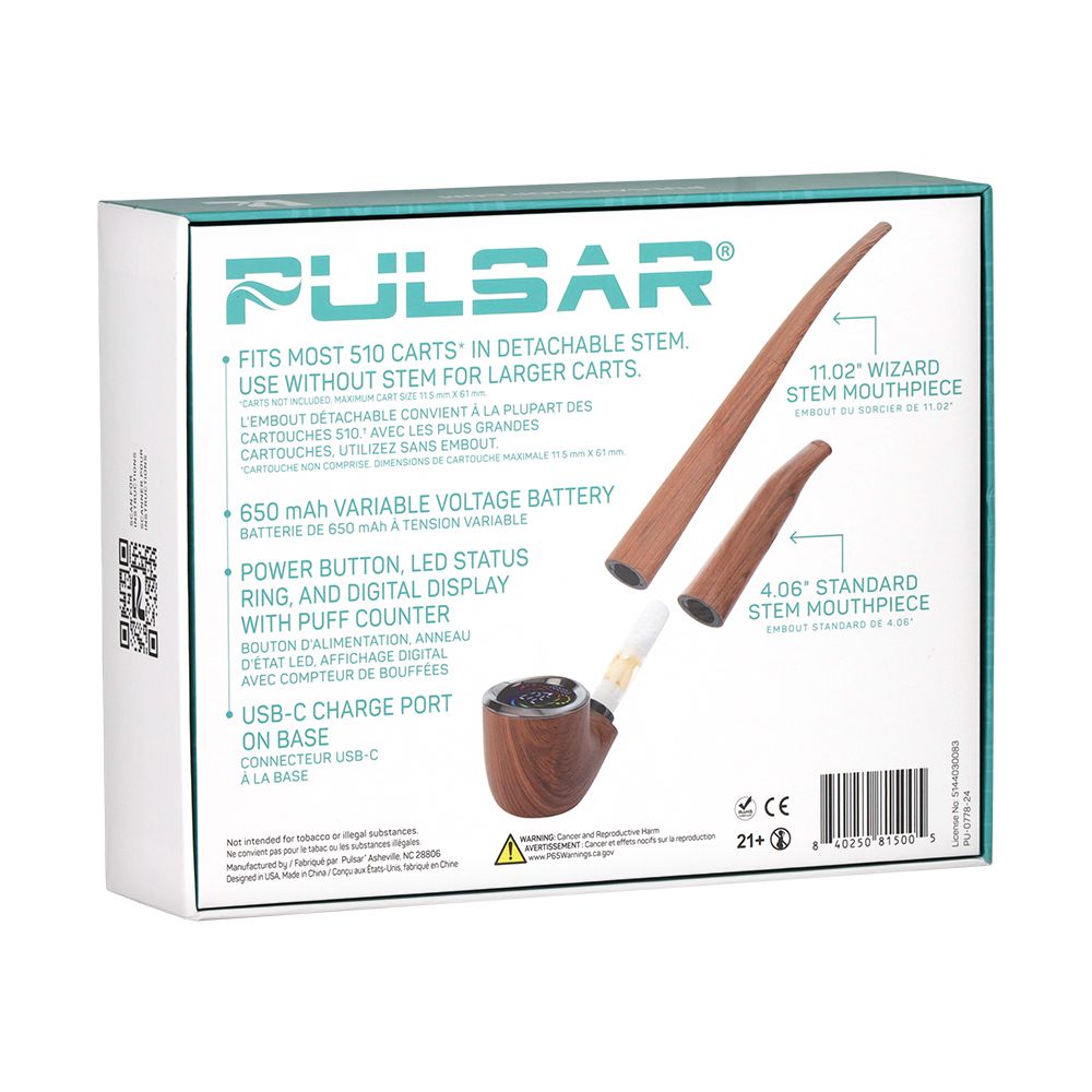 Rear view of the Pulsar 510 DL Wizard Pipe retail box, detailing technical specifications including the 650mAh battery, auto-draw activation, and variable voltage range.