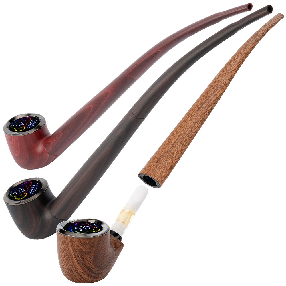 A group shot of the Pulsar 510 DL Wizard Pipe in all three colors; the Bewitched Briar model is shown with the stem removed to highlight the discreet cartridge chamber and auto-draw technology.