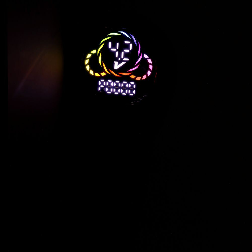 The Pulsar 510 DL Wizard Pipe's digital OLED screen illuminated in low light, showing clear, high-contrast readouts for battery life, voltage, and puff count.