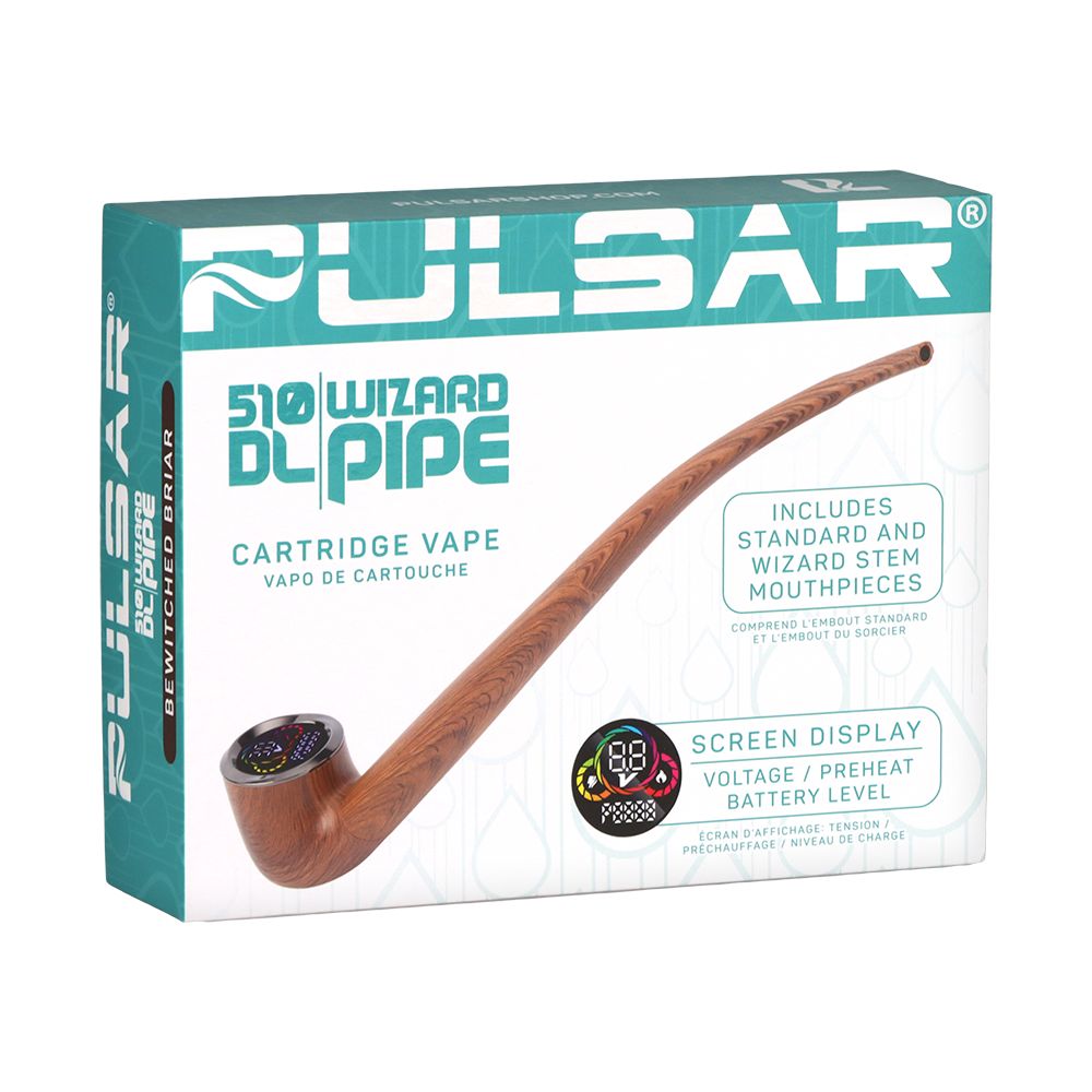 Front view of the Pulsar 510 DL Wizard Pipe packaging (Mystic Mahogany), highlighting the "Stealthy & Sophisticated" branding and the classic pipe silhouette.