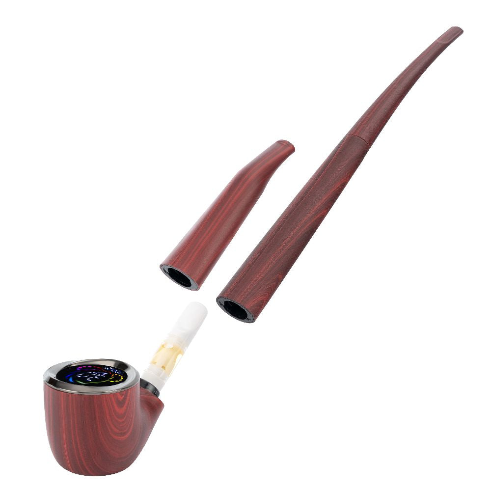 Pulsar 510 DL Wizard Pipe in Mystic Mahogany with both long and short stems detached, showcasing the internal 510-thread cartridge chamber and the modular design.