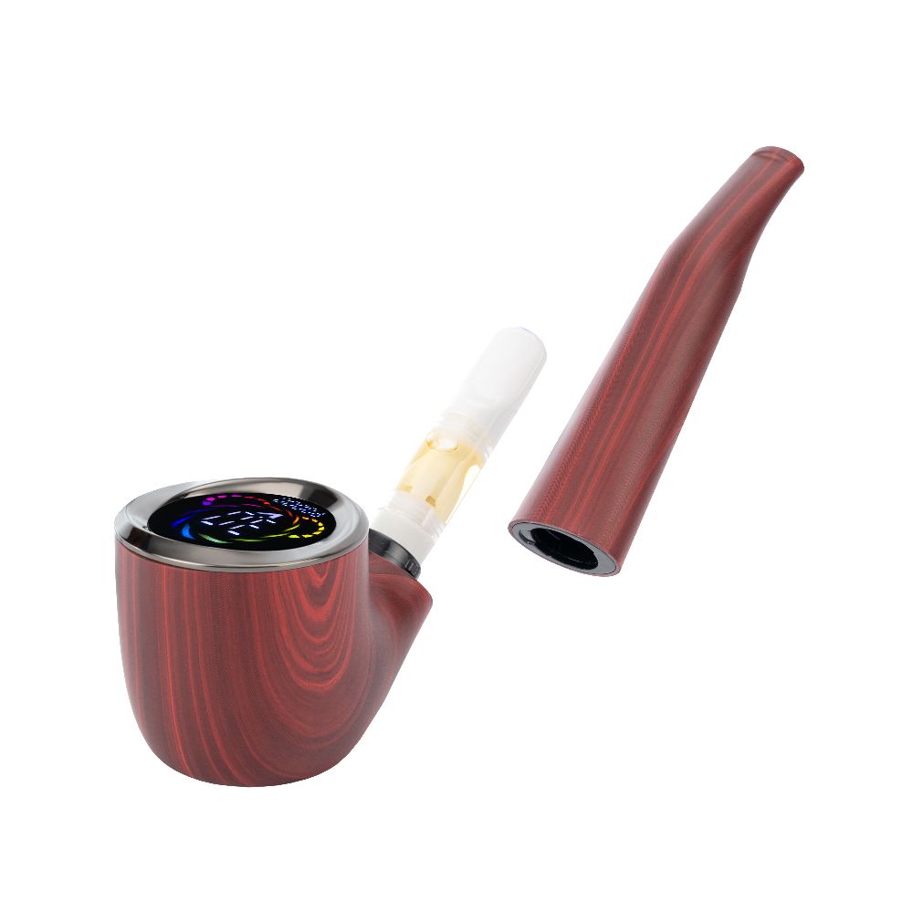 Pulsar 510 DL Wizard Pipe in Mystic Mahogany, shown with the short mouthpiece detached to demonstrate the easy access to the internal 510-thread battery connection.