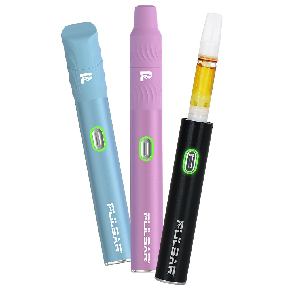 Three Pulsar 510 Delta 3-in-1 vaporizer batteries in Blue, Pink, and Black, showcasing the sleek button-activated design for 510 cartridges.