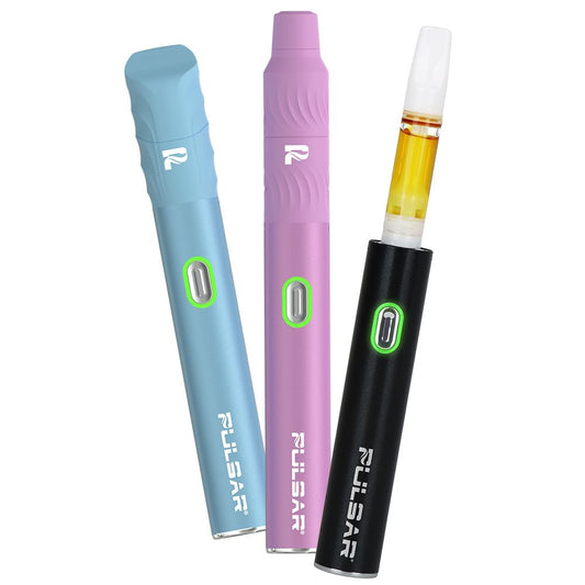 Three Pulsar 510 Delta 3-in-1 vaporizer batteries in Blue, Pink, and Black, showcasing the sleek button-activated design for 510 cartridges.