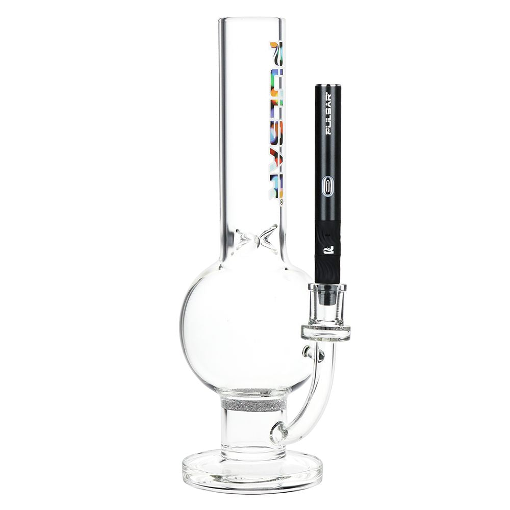 Pulsar 510 Delta vaporizer battery attached to a glass bong, demonstrating its 14mm/19mm water pipe adapter compatibility.