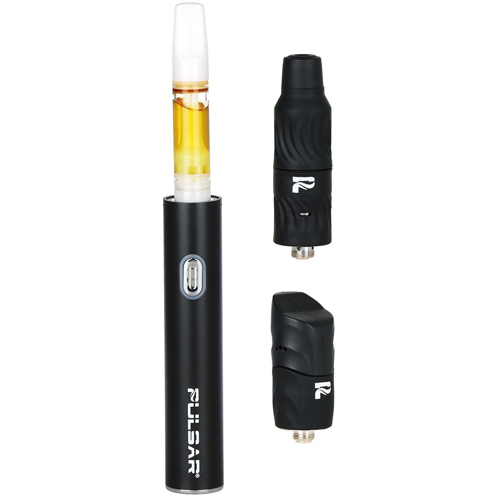 Pulsar 510 Delta Black kit breakdown showing the 510-thread battery with interchangeable wax and oil concentrate mouthpieces.