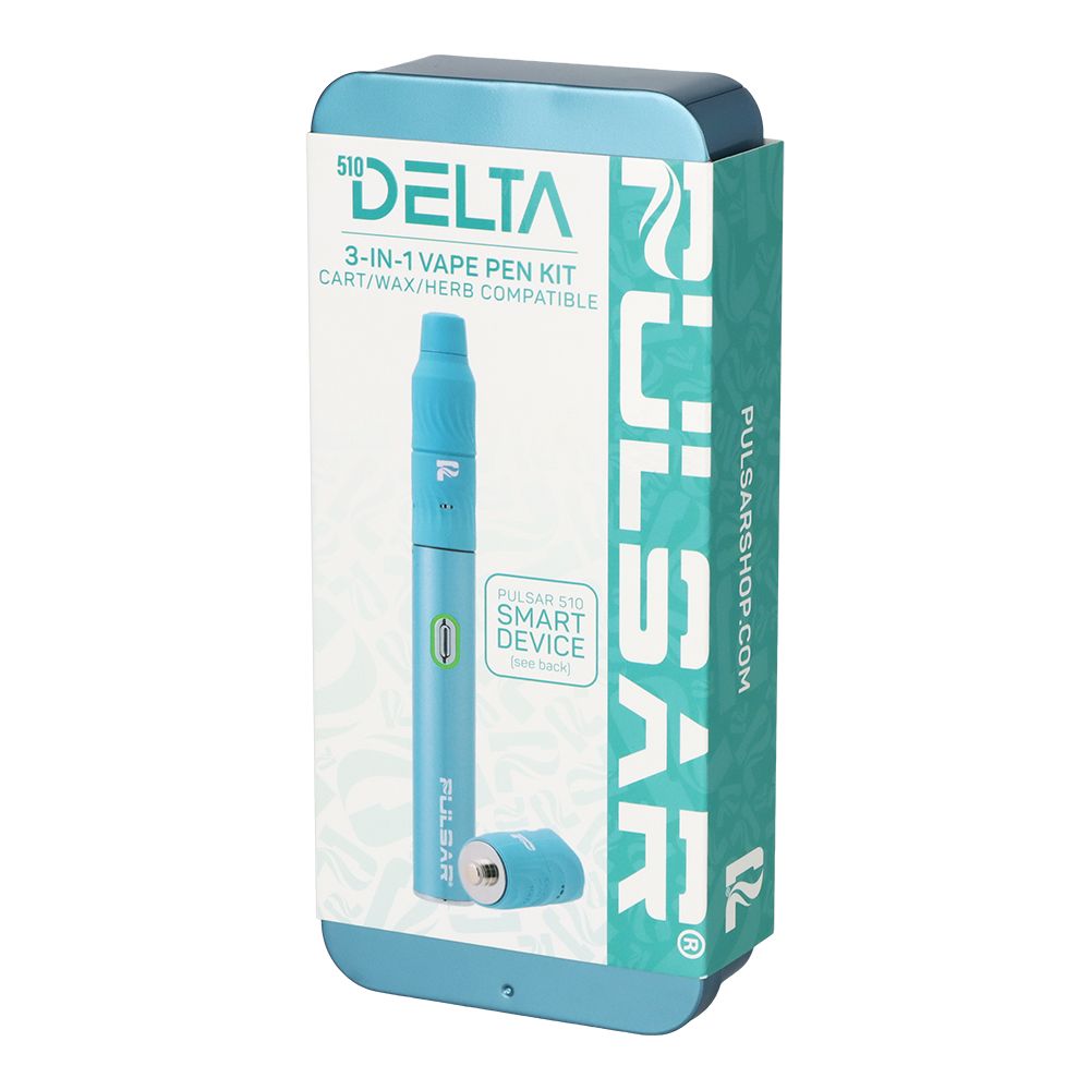Retail packaging for the Blue Pulsar 510 Delta 3-in-1 Vape Pen Kit, featuring "Smart Device" branding and cartridge/wax/herb compatibility.
