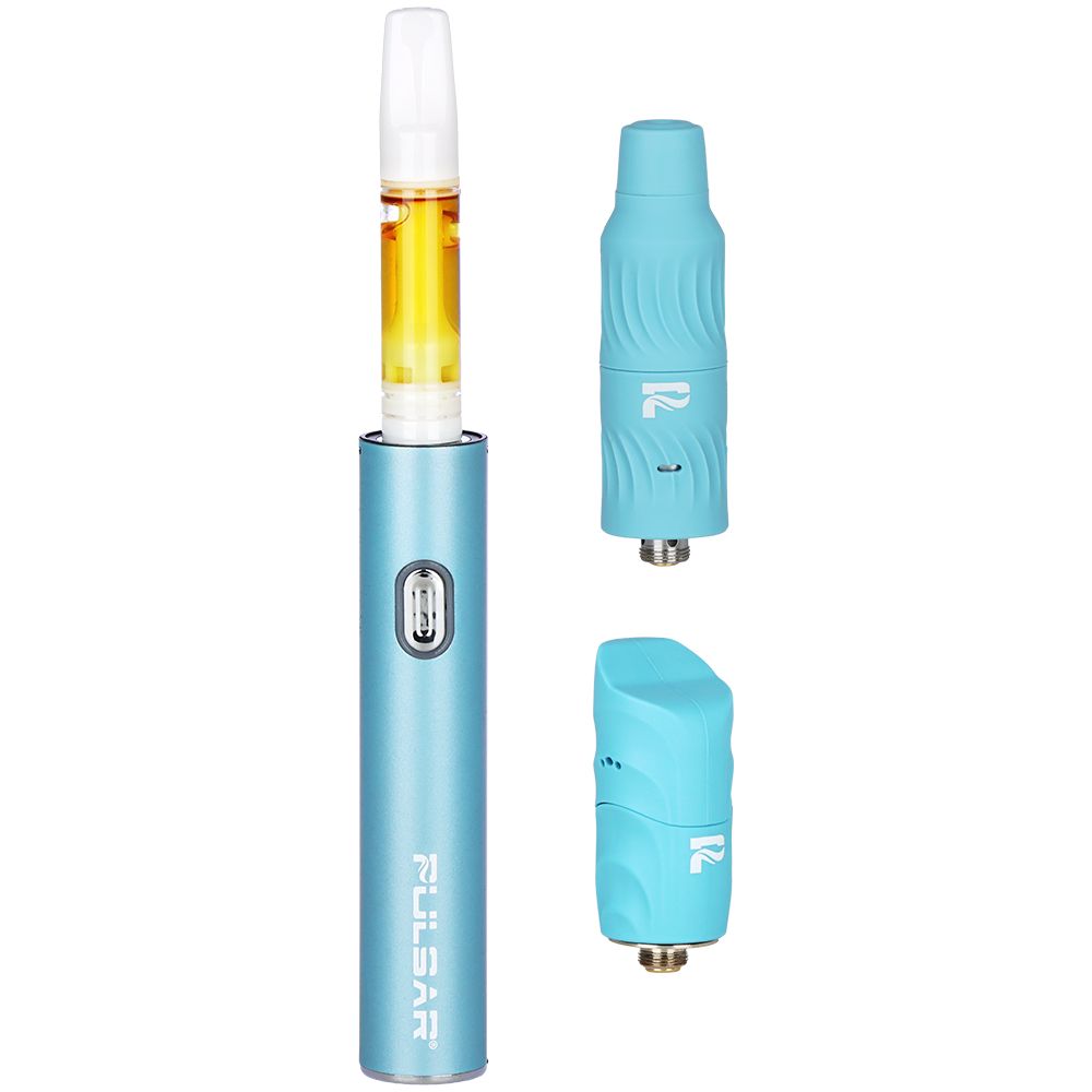 Pulsar 510 Delta Blue kit breakdown featuring the 510-thread battery base and two interchangeable top caps for wax and oil.
