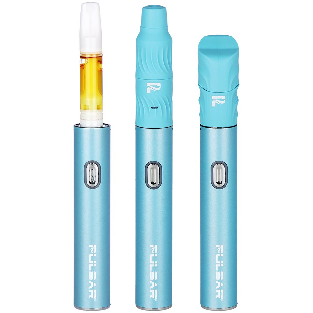 Blue Pulsar 510 Delta smart battery shown in three stages: with a 510-thread cartridge, with the wax atomizer cap, and fully assembled.