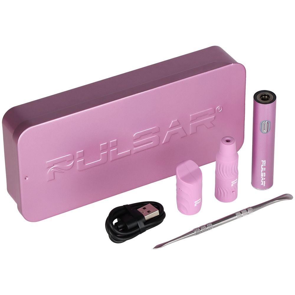 Full unboxing of the Pink Pulsar 510 Delta 3-in-1 Kit including the metal travel tin, USB-C cable, wax tool, and dual mouthpieces.