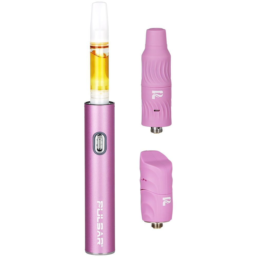 Pink Pulsar 510 Delta 3-in-1 kit showcasing the variable voltage battery base with detached wax and oil concentrate mouthpieces.