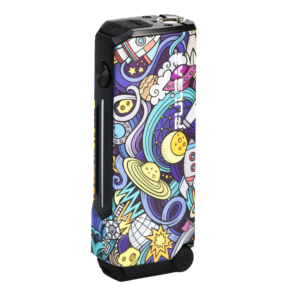 A front-facing studio shot of the Pulsar 510 Dunk in Space Junk. The unit features an intricate, multi-colored psychedelic graphic wrap filled with cartoon space illustrations, floating astronaut motifs, and celestial elements. The design highlights the device’s compact, button-operated layout.