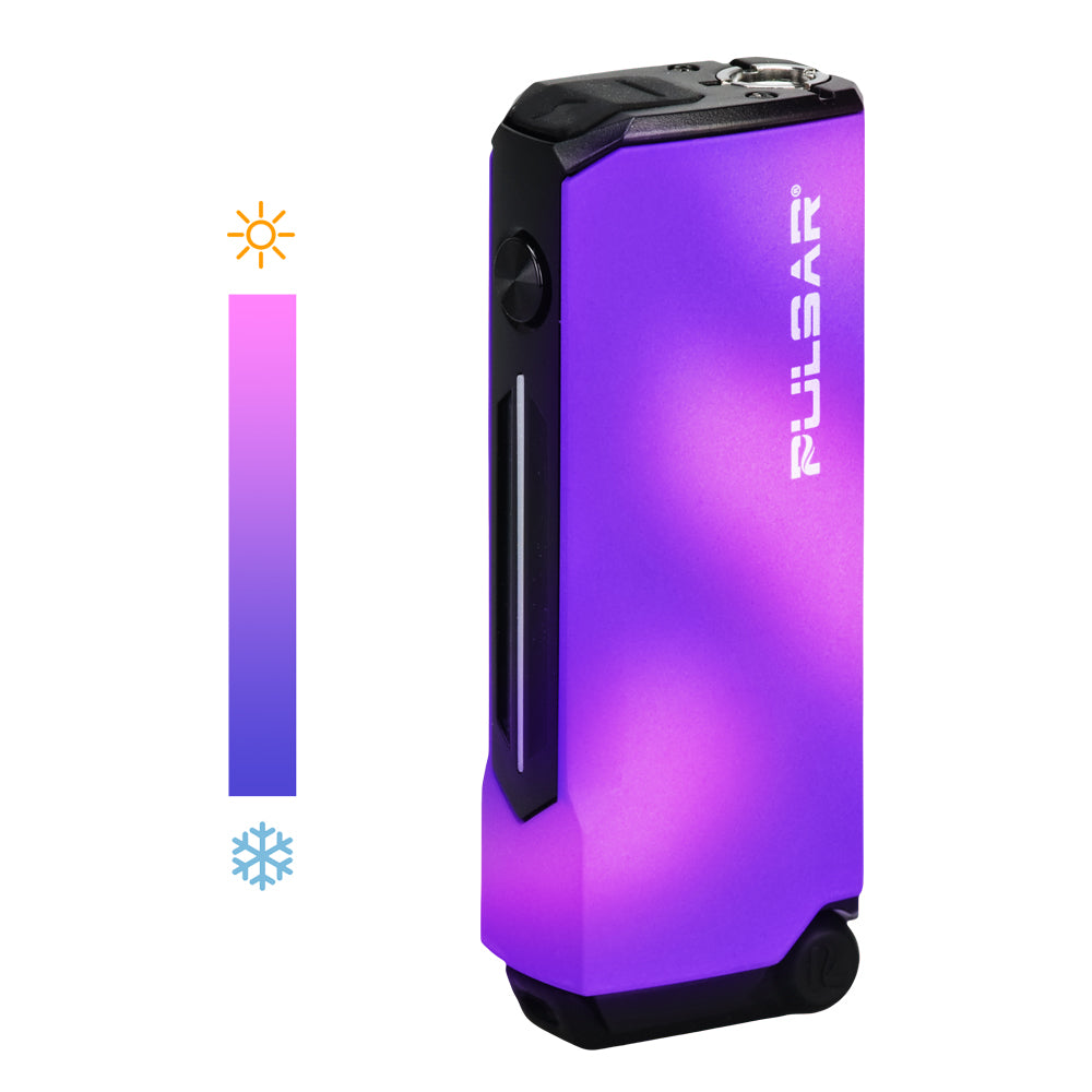 A front-facing studio shot of the Pulsar 510 Dunk in Thermo Purple. The device showcases a vibrant, metallic purple-to-blue thermochromic color gradient across its rectangular body. The clear plastic cartridge mouthpiece is visible at the top, and the single square firing button with its surrounding LED light ring sits prominently on the front.