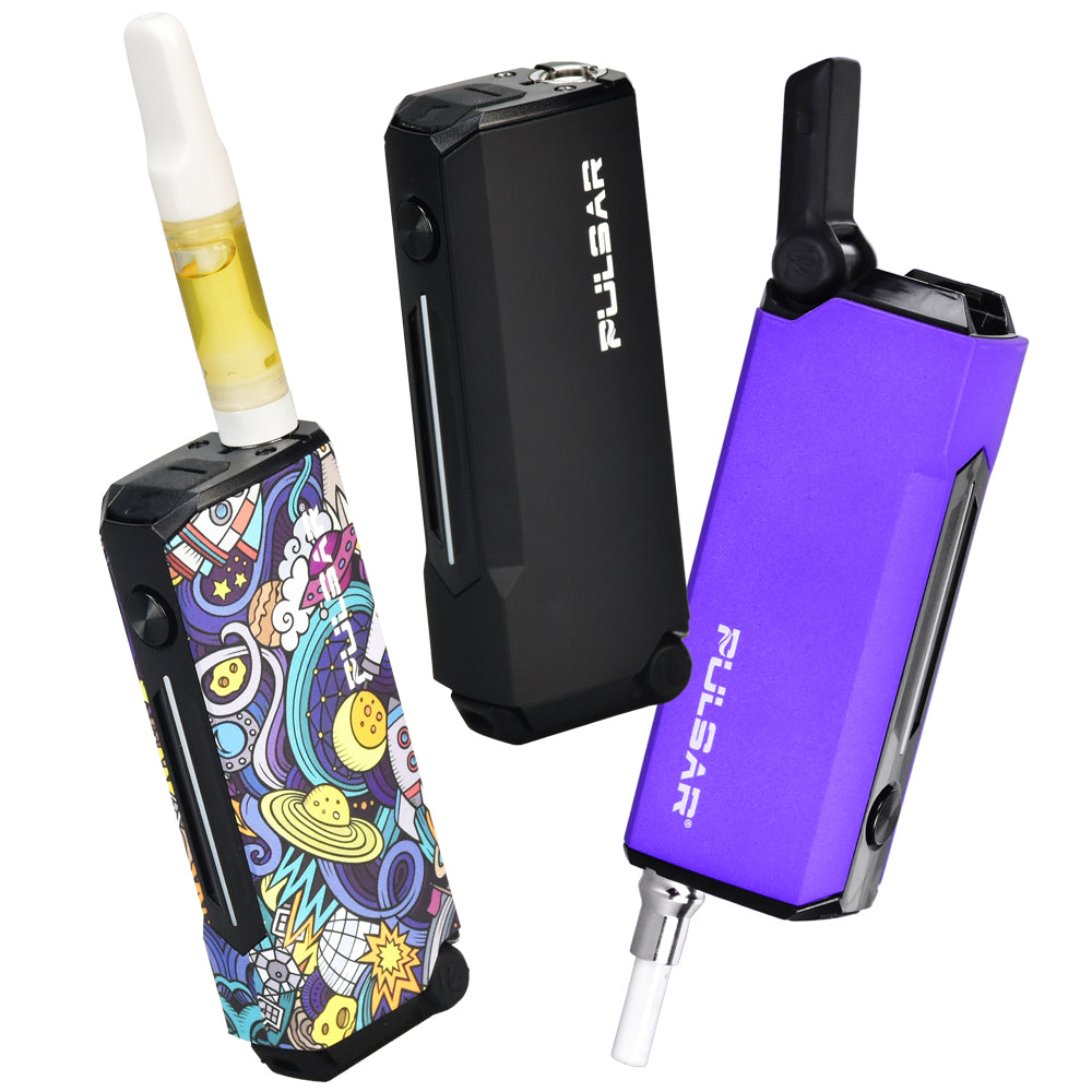 A studio layout of three Pulsar 510 Dunk devices showcasing different hardware setups side-by-side. The Space Junk variant on the left has a standard glass 510-thread cartridge attached; the center Black variant is shown bare without attachments; the Thermo Purple variant on the right is inverted in electric dab straw mode with a ceramic coil tip installed.