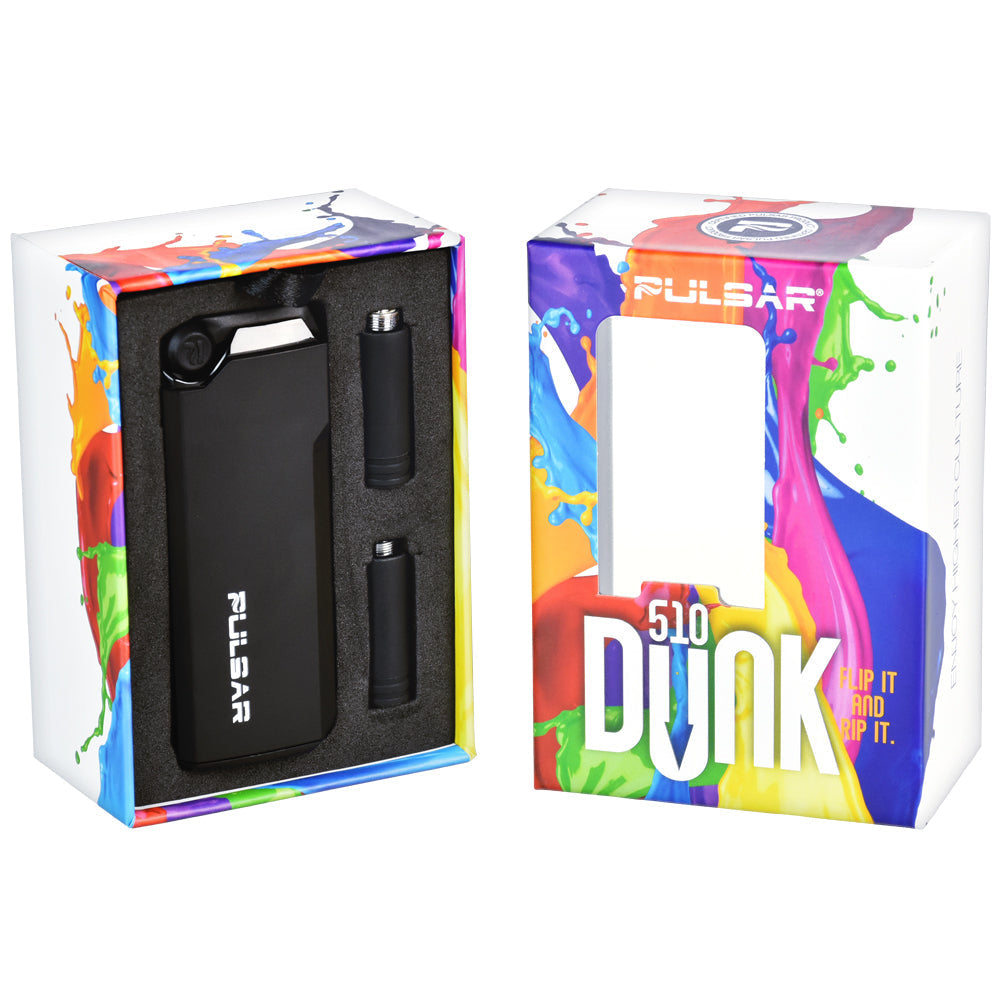 A side-by-side studio presentation of the Pulsar 510 Dunk packaging. On the left stands the fully enclosed retail box with crisp, colorful product branding; on the right, an open box displays the internal cardboard organizer insert neatly holding the device and its essential hybrid components securely in place.
