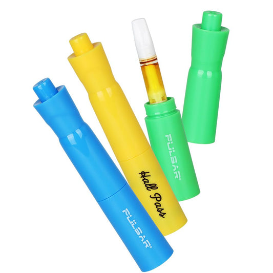 Pulsar 510 Hall Pass Vaporizer collection in multiple colors including blue, yellow, and green with a 510-thread cartridge visible.