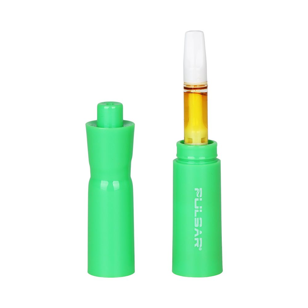 Green Pulsar 510 Hall Pass stealth vaporizer with cap removed showing an attached 510-thread vape cartridge.